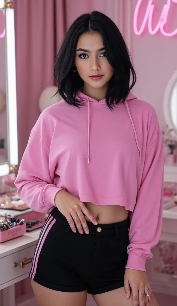 , slim witch with slightly droopy eyes, thick straight eyebrows, and a straight medium-width nose. She has full, slightly downturned lips and light, smooth skin with a soft jawline. The witch has dark hair in a ponytail, fake eyelashes, and visible piercings including a belly button ring and pierced nipples. She's wearing pink low-rise gym shorts that reveal her hip bones, and a short pink hoodie. The overall look should be provocative yet magical, blending witchy elements with a modern, sensual aesthetic.