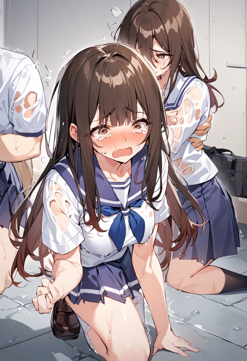 nsfw,(super fine illustration,8K CG wallpaper,best quality,extremely detailed,ultra high res,best aesthetic),(cowboy shot,from front),ra high res), (8k:1.3),anime colored,perfect hands, perfect fingers, perfect legs,(cowboy shot,from front),(forehead:1.2),1woman,solo,idolmaster,(((arisu tachibana))) ,(12years old, beautiful girl), (beautiful brown eyes),(((beautiful black hair))), (((midium long straight hair))), (wet hair), (wet skin), ((Sweat)), ((vapor)), ((small height:1.1)),((petite:1.1)), ((flat chest,very small breast)),(many sweat:1.5),(pubic black hair:1.3),(from below), (pussy focus), ((spread leg)),(straddling),(spread pussy:1.5),(love juice:1.2),(many sweat:1.5),(pubic hair:1.4),(bottomless:1.5),(complete nude),(no bra,no panty),(glasses),(open your mouth), ((a big smile)), ((out tongue)),(Nice touch), (one eye closed),((feel good)), ((happy)),(saliva),(sitting), (class room),cum on body:1.9),(cum on face:1.7),((cum in hair:1.3),(cum on mouths:1.2), (((multiple boys, peeing on a girl, multiple penises, gangbang))),((ecstasy torogao:1.5)), saliva trail, nose blush,pleasure vaginal penis),BREAK,(1boy, hetero:1.3), ((vaginal sex,cowgirl,pov)),(cum shot:1.3),(((bukkake:1.9))),(look at viewer),(she have a lunchbox),