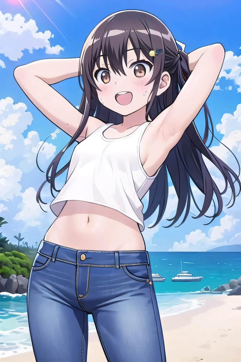 Shade near the beach。changing clothes in the shade of a tree、A beautiful girl with long black hair in a bikini。Standing posture leaning forward。Shyly、In the middle of taking off the jeans she was wearing over her swimsuit。An illustration of a person pulling down jeans with both hands on the waist。Both hands are on your waist。