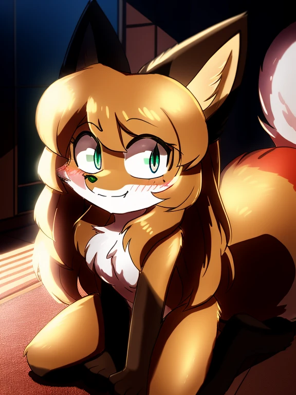 uploaded the e621, beautiful and detailed, woman (((female))) ((anthro)) Fox, (Averi, Fox girl), cinematic lighting, Fox, (anthro, fluffy fur), anthro fox girl, body fur, curvy, sexy, nice, cute, hot, comfortable anime-style cartoon-style, digital drawing, SFW, flat chest, chest fluff, blushing, green eyes, sassy, sassy hips, cute friendly smile, rainy, japanese shrine, wet fur, night, heart, hearts, speech bubble, looking at viewer, close up, hugging viewer, petting, nuzzling viewer, on knees, chicken sandwich in hand, holding sandwich