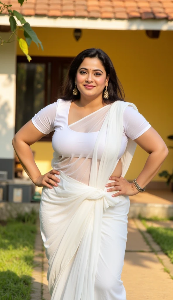 Nsfw, day scene, very thin transparent white saree close up photo of naked (jaya prada:0.1), big , curvy body, big butts, lace bra, perfect breasts, posing in a garden, hourglass figure, armpits, (blue eyes:1), ponytail, necklace, 30 yo, look at viewer and smile, (cinematic:1.3), intricate details, (ArtStation:1.2)