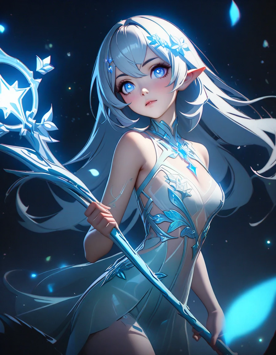 A female elf with white hair, blue eyes, beauty face, white skin. Wearing grand and elegant cloak, holding ancient wand. It has icy gaze.