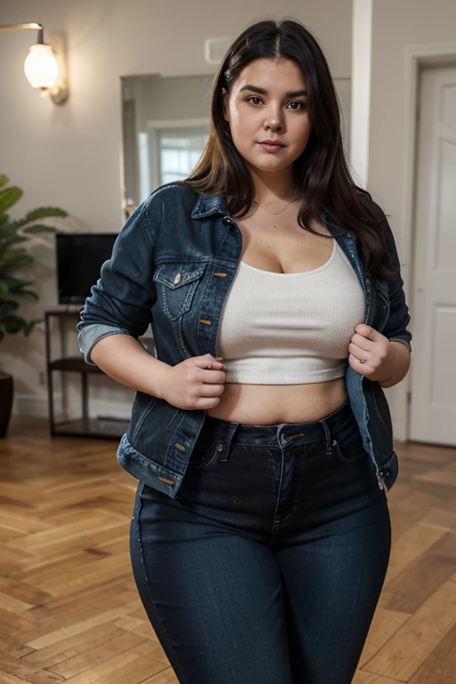 ((best quality)), ((masterpiece)), (detailed), perfect face, araffe woman in a dark-blue shirt and blue denim skirt walking down a dark room, thicc, she has a jiggly fat round belly, bbwchan, wearing tight simple clothes, skinny waist and thick hips, widest hips, her belly is fat and round, soft curvy shape, hyperrealistic full figure, wearing a cute top, wide hips, wearing 10 bracelet , wearing huge diamond necklace
