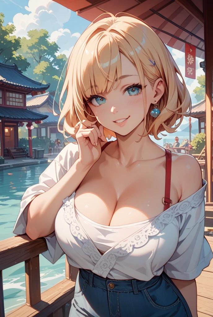 (((masterpiece, best quality))), (((superior quality))), cute girl, ((extremely detailed girl)), ((huge breasts)), (yukata), (bare shoulders), strapless top, slight smile, twin tail blonde