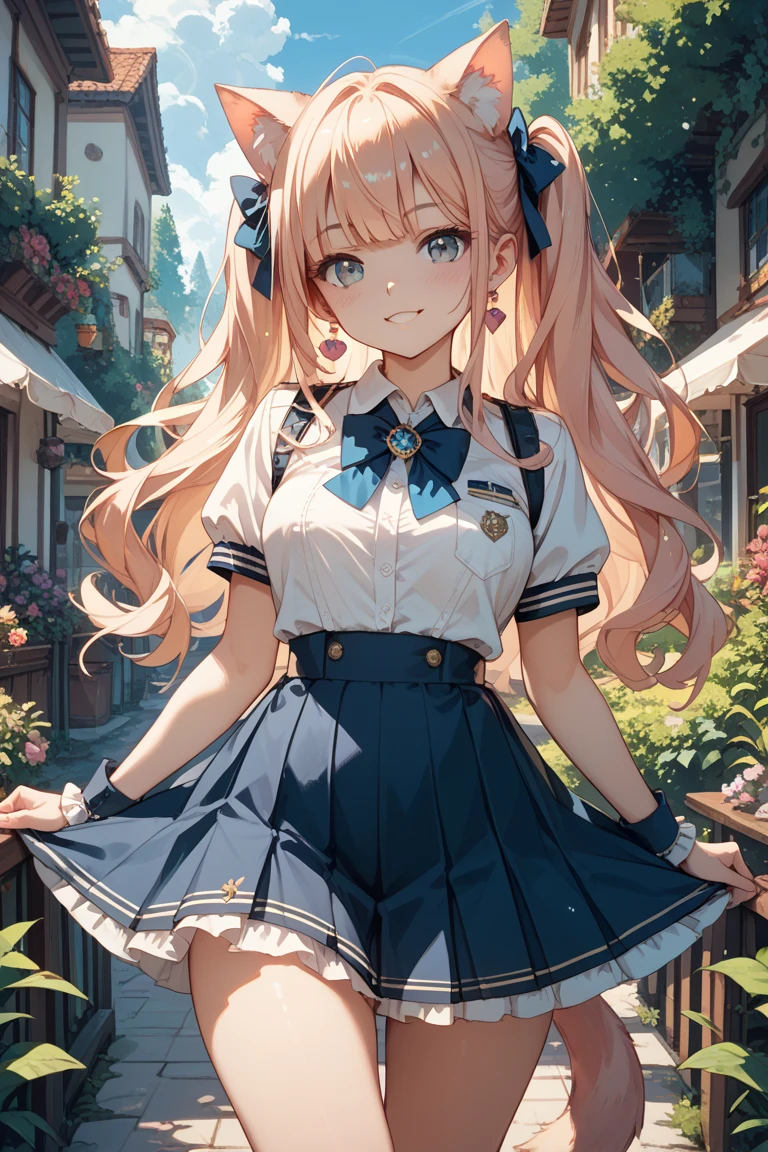 -Shino amagi OL, 1girl, solo, thighhighs, long hair, skirt, blonde hair, outdoors, smile, breasts, bag, looking at viewer, flower, blue skirt, open mouth, blush, long sleeves, black thighhighs, bangs, sky, shirt, holding, white shirt, blue sky, blue eyes, rose, cloud, day, :d, thighs, large breasts, hair ribbon, ribbon<lora:Shino amagi OL-000018:0.9>,