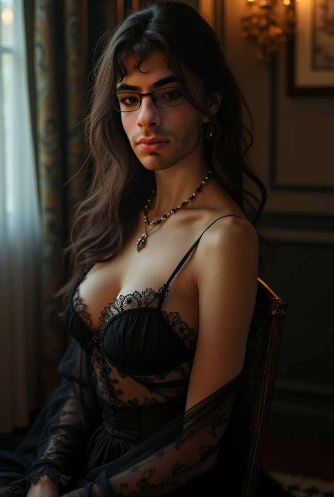 absurdres, RAW photo, highest quality, (masterpiece: 1.3), high detail RAW color photo, professional photo, extremely detailed CG 8k wallpaper unit, photo-realistic, realistic, RAW photo, masterpiece, best quality, highres, illustration,
1girl, 22 YEARS OLD, short, white, brown hair, Average length, thin legs, perfect gorgeous face, bright red lipstick, beautiful realistic eyes, round metal glasses, pale skin, detailed skin texture, natural large breasts. Smile. She looks amazing. In bed. Gothic style.
(Lingerie. simple design), Luxurious room.