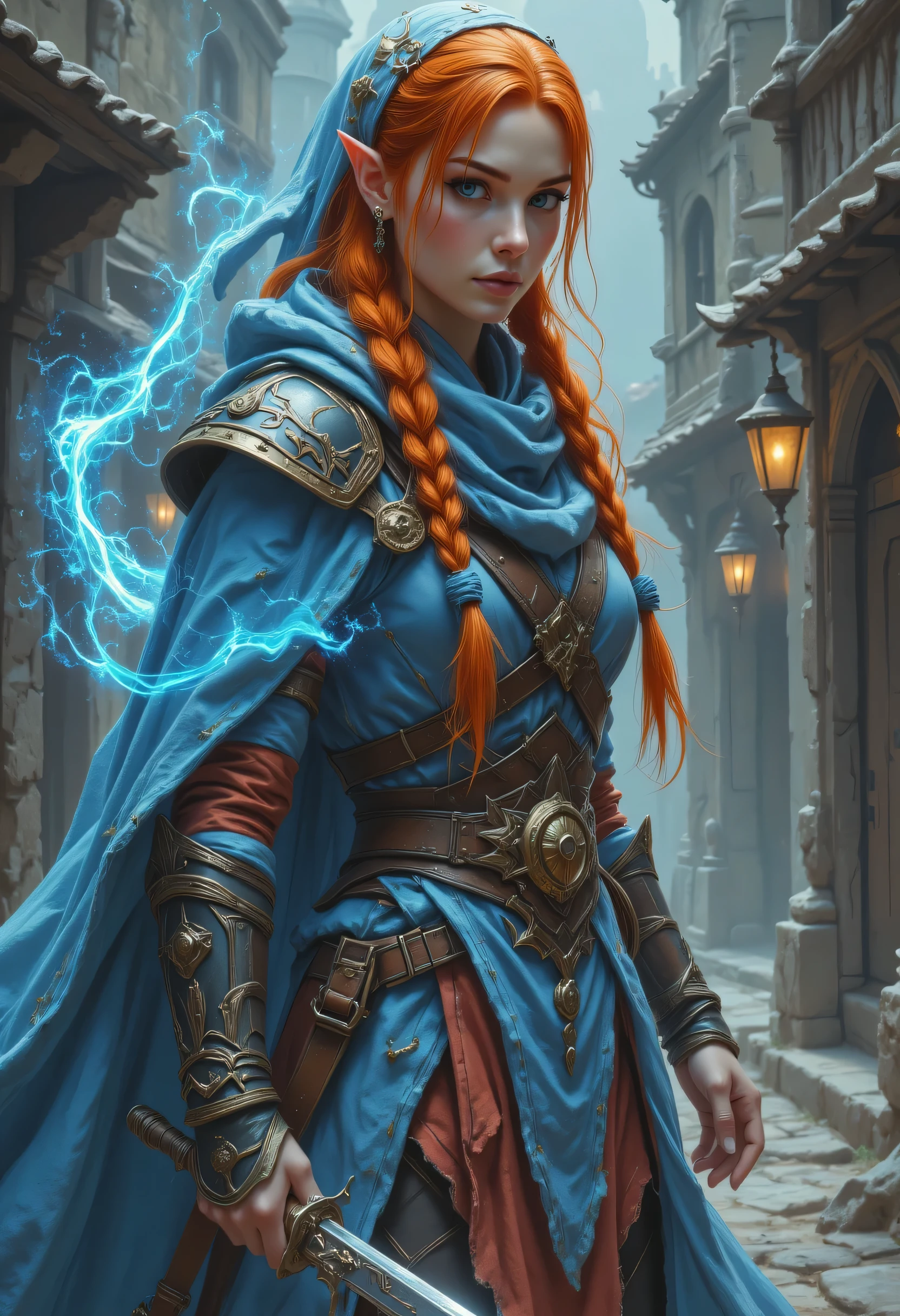 a picture of a female elf, fantasy swashbuckler, fantasy fencer, armed with a slim sword, shinning sword, magical sword, metallic shine, colorful clothes, full body, epic beautiful female elf, red hair, braided hair, small pointed ears, wearing  blue cloak, long cloak, wearing elven leather armor, colorful armor, sense of daring, sense of adventure fantasy street, high details, best quality, 16k, [ultra detailed], masterpiece, best quality, (extremely detailed), dynamic angle, ultra wide shot, photorealistic, RAW, fantasy art, realistic art,((best quality)), ((masterpiece)), (detailed), perfect face, fantasy, zavy-ctcmcs, dweapon