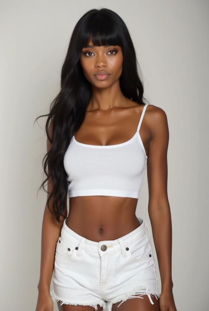 ((Best resolution)), ((high quality:1.2)), Work of art, 8k, extremely detailed, ((High detail:1.2)), (Hotlexi woman), Solo, Angolan female, (mini-shorts, crop strapless),