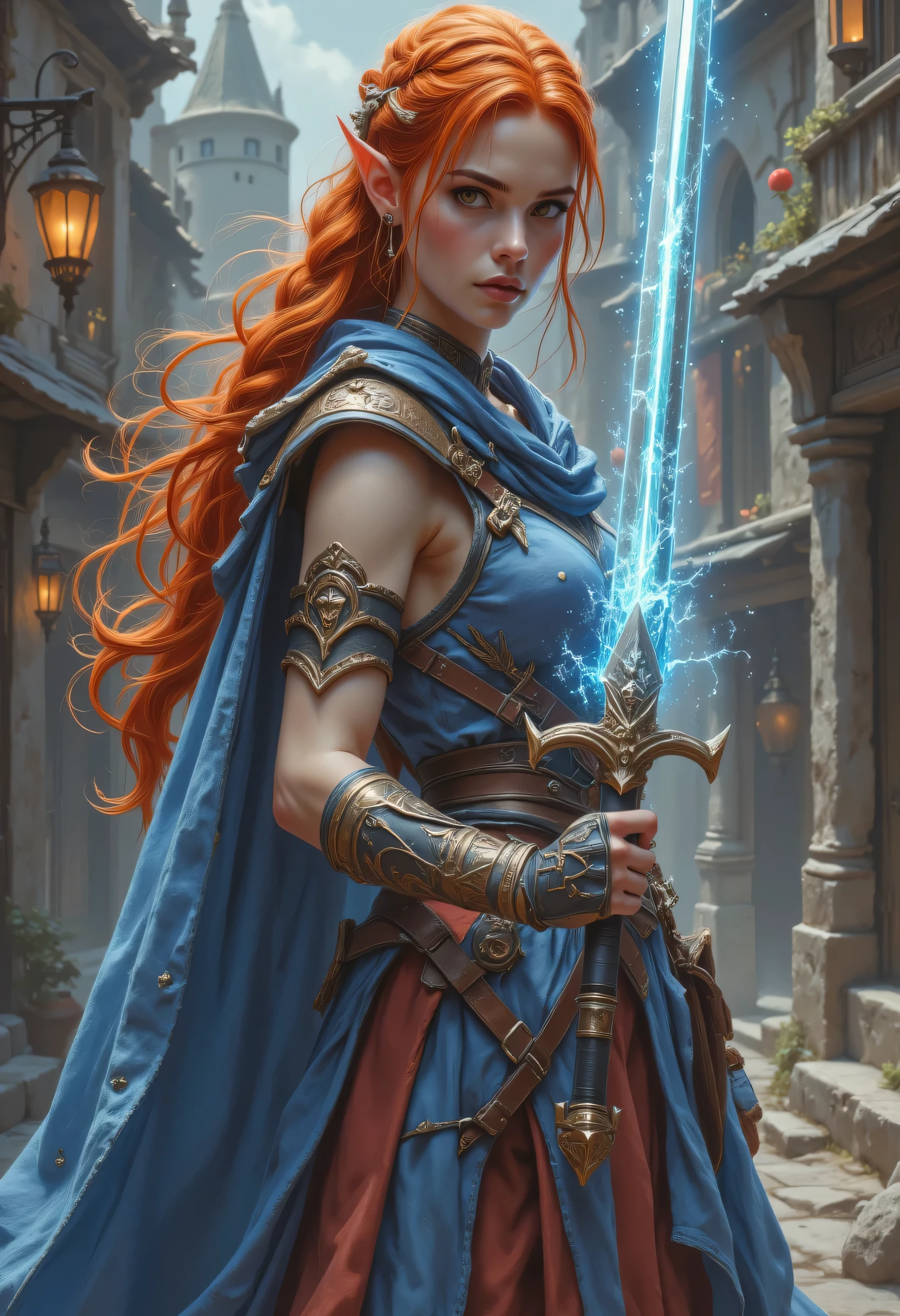 a picture of a female elf, fantasy swashbuckler, fantasy fencer, armed with a slim sword, shinning sword, magical sword, metallic shine, colorful clothes, full body, epic beautiful female elf, red hair, braided hair, small pointed ears, wearing  blue cloak, long cloak, wearing elven leather armor, colorful armor, sense of daring, sense of adventure fantasy street, high details, best quality, 16k, [ultra detailed], masterpiece, best quality, (extremely detailed), dynamic angle, ultra wide shot, photorealistic, RAW, fantasy art, realistic art,((best quality)), ((masterpiece)), (detailed), perfect face, fantasy, zavy-ctcmcs, dweapon