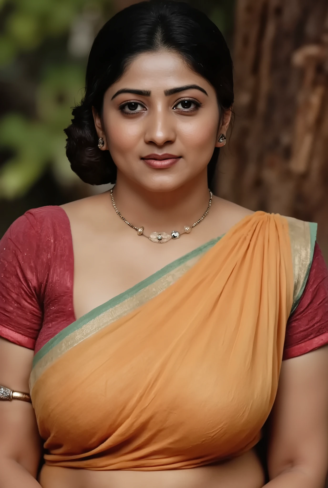 A woman with long dark hair wearing a colorful saree, leaning forward with her hands on her large breasts, downblouse creating a deep cleavage, extremely detailed face, beautiful detailed eyes, beautiful detailed lips, extremely detailed skin texture, intricate saree patterns, masterfully volumetric and tactile rendering, cinematic dramatic lighting, rich color palette, hyper-realistic, 8k, photorealistic, award-winning digital art