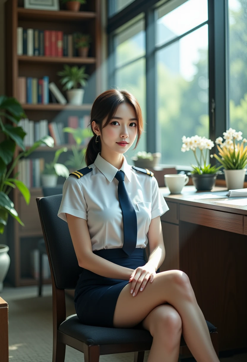 Highest quality, Full body portrait, Cinematic texture shots, Beautiful Face, Beautiful Face, 20-year-old woman, smile, Slim figure, Small Bust, OL Uniform, office Wear, Black Stockings, Indoor scene, office, sit down