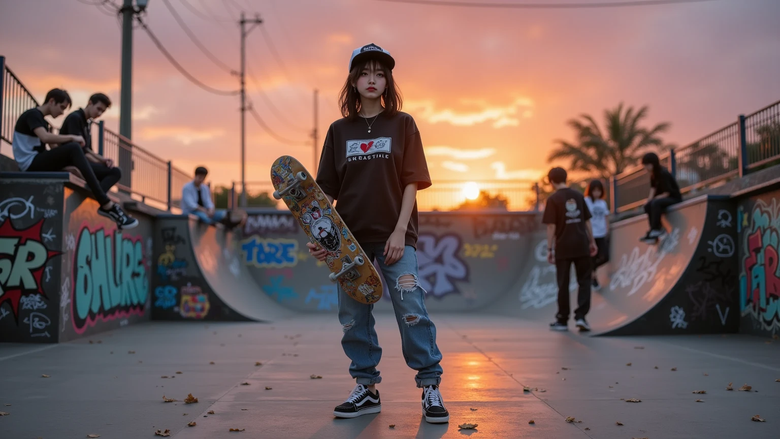 Anime girl anak-anak, berambut panjang, warna biru muda, pakaian anak tomboi, sedang main skateboard, berada di taman,mata biru kekuningan 