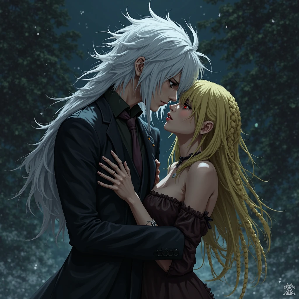 Irisviel,cold silky dress sleeveless,,middle size of breast,beautiful necklace,tall breasts,Mikasa with black short hair hugs and kissing irisviel, attack on titan,Mikasa short hair with irisviel long hair