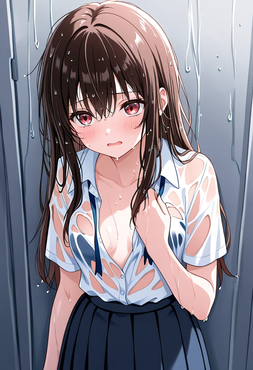 ((masterpiece,Highest quality:1.3,best quality illustration)),realistic、cowboy shot,独奏,1woman,(18-year-old、Japanese Beauty),dark brown hair,long hair,bangs,brown eyes,gorgeous eyes,((very small head:1.3)),crying,Heavy breathing,((very long body:1.2,skinny)),medium breasts,(Red ribbon tie、White collared shirt、Long sleeve、Navy blue pleated neakers),Wet crotch、sweat,gleaming skin,toned body,slender body,(squatting),Sneakers、Abandoned house、at night、Tokyo、