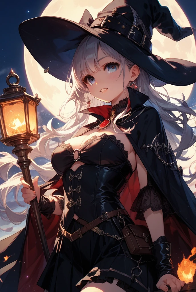 atmospheric scene, masterpiece, best quality (detailed face, detailed skin texture, ultra detailed body), (cinematic light: 1.1), r0seb7rne-smf, extremely detailed CG, unity 8k wallpaper, ultra-detailed, very detailed, 1girl, black witch hat with great details, black lipstick, ruby red eyes, glowing eyes, magical eyes, detailed eyes, light-up eyes, eyelashes, expression of pleasure on the face, smile, dark magical forest, fireflies, distant town, skeletons, owls, bats, Halloween, Jack-o-lanterns illuminating a winding path as a background, black cape, ojas cape, oiled skin, floating magic symbols, full moon, night sky, night, clear sky, full moon, moonlight, blue colour atmosphere, fog, black detailed thong