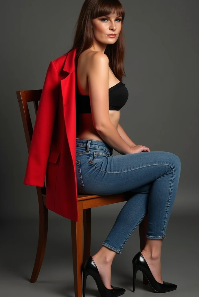 (RAW shooting, Photoreal:1.5, 8k, highest quality, masterpiece, ultra high resolution), perfect dynamic composition:1.2, Highly detailed skin and facial textures:1.2, 1girl:1, caucasian:1,Glamourous female, beautiful and aesthetic:1.2, sexy beauty, perfect style, belief, Strong-willed, revenge, Fair skin, very beautiful face, (large breast:1.4, Chest gap:1.4), (beautiful eyes, Eyes that feel beautiful eros:1.0), (Too erotic:0.9, Bewitching:0.9), (full body photo:2), (perfect limbs:1.2), (perfect fingers:1.2),(earrings,necklace,perfect thigh,make up,red top:2, jeans:2, sleeveless:1.4, shoes,single braid,brown hair,belt:2,sexy pose),(simple background:1),(((sitting))),