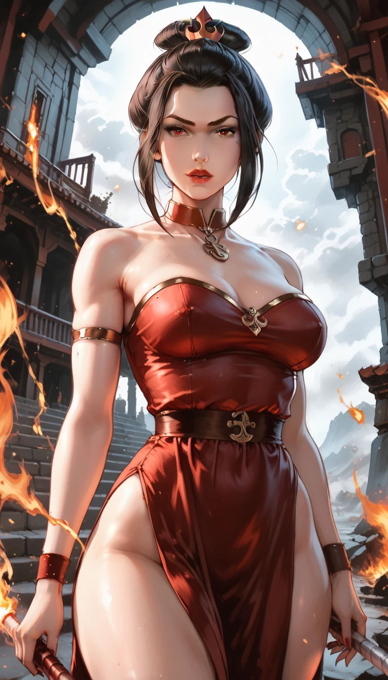 princess azula, evening, sunset, looking at viewer, , red satin robes, cd bathing, girl floating above the water, palace, temple, fire, lava, red glowing, smug face,