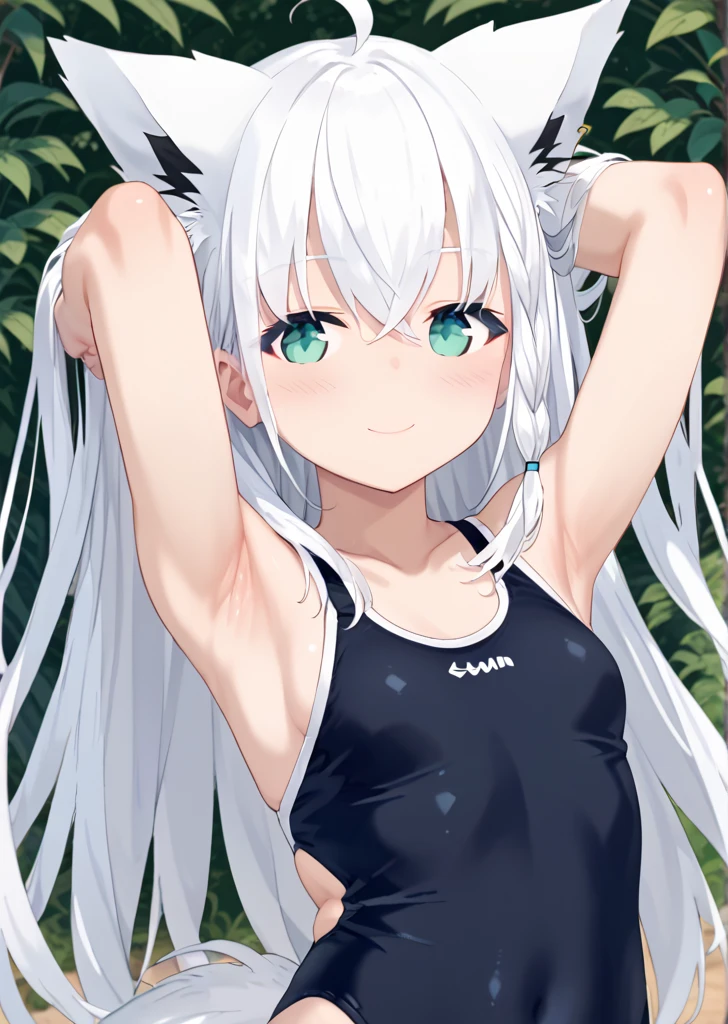 (masterpiece), (best quality), 1girl, solo, (Nu-13), red eyes, white hair, braid, ahoge, eyepatch, yoga pants, tank top, sports top, gym