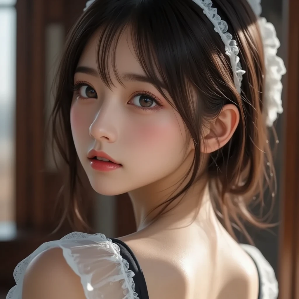 (masterpiece, Highest quality),one person's, alone, Black-haired, scarf, Have, Realistic, Realistic, Looking at the audience, Light-coloured black eyes, Short brunette bob, Brown coat, Winter clothes, White headscarf, lips, prohibit, Plein Air, Mouth closed, Upper Body、Big eyes、eyelash、((Beautiful scenery of sparkling snow、Large snowflake motif、Beautiful snowy scenery without people))、(((Short bob hair with bangs、Shiny Hair、Big eyes、large full chest、Highlights the eyes、Gazing at the audience、Beautiful beauty、Listen carefully、Long neck、Laugh a little、Please close your mouth and laugh、Ideal body type)))、{Huge|big|Hugeな|Mega} chest:2, chestの谷間:2、