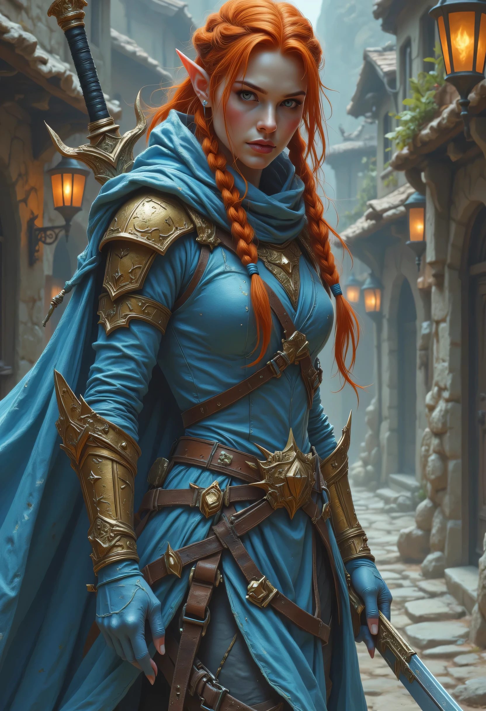 a picture of a female elf, fantasy swashbuckler, fantasy fencer, armed with a slim sword, shinning sword, magical sword, metallic shine, colorful clothes, full body, epic beautiful female elf, red hair, braided hair, small pointed ears, wearing  blue cloak, long cloak, wearing elven leather armor, colorful armor, sense of daring, sense of adventure fantasy street, high details, best quality, 16k, [ultra detailed], masterpiece, best quality, (extremely detailed), dynamic angle, ultra wide shot, photorealistic, RAW, fantasy art, realistic art,((best quality)), ((masterpiece)), (detailed), perfect face, fantasy, zavy-ctcmcs, dweapon