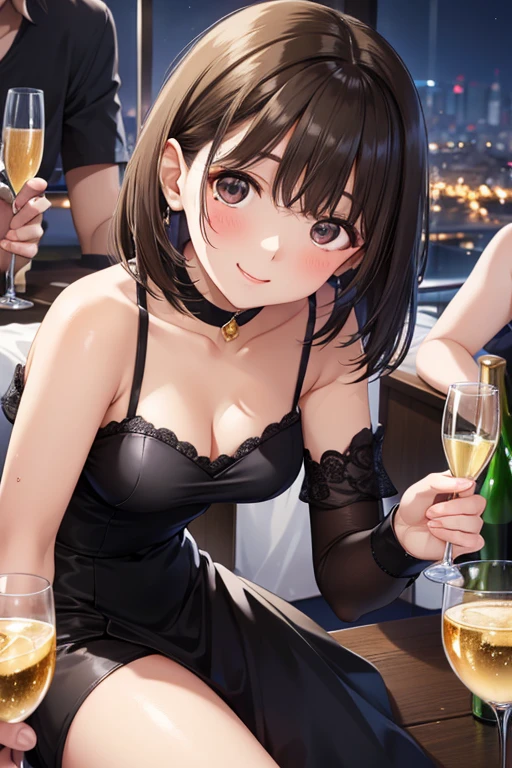 Photorealistic、Highest quality、Highest Resolution、Highest quality、16K、1 beautiful adult woman、Cute face、Delicate face、Bob cut hair、Ash brown hair color、Brown eyes、Delicate eyes、Beautiful Eyes、Beautiful breasts、Big Breasts、Black casual dress、night、dinner、bar、sake、cheers、