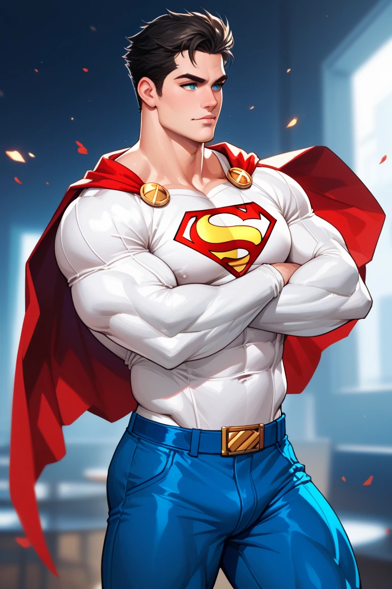 1 man, solo, Henry Cavill as Superman, 40s year old, all blue and red details suit, bare hands, big red S symbol on the chest, red cape, strain of hair covering forehead, short cut hair, tidy hair, tall, manly, hunk body, muscular, wide shoulder, straight face, black hair, best quality, high resolution:1.2, masterpiece, raw photo, dark background, detailed suit, detailed face, upper body shot, crossed arms, runic scene in the background Experiment with portraying the dynamic nature of emotions. Use swirling, flowing, or kinetic brushwork to depict the movement of emotions within the portrait. shutterstock, herry cavill, portrait of henry cavill, henry cavill!!!, henry cavill, superman, superman pose, Showcase the model in a dynamic, action-oriented pose that exudes energy and movement. Experiment with dramatic angles and perspectives.