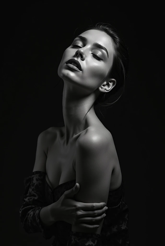 a woman in her 30s, sensual fine art nude, monochrome, dramatic lighting, high contrast, minimalistic background, elegant pose, chiaroscuro, Helmut Newton style, sophisticated, alluring, dramatic, powerful, cinematic, fashion photography