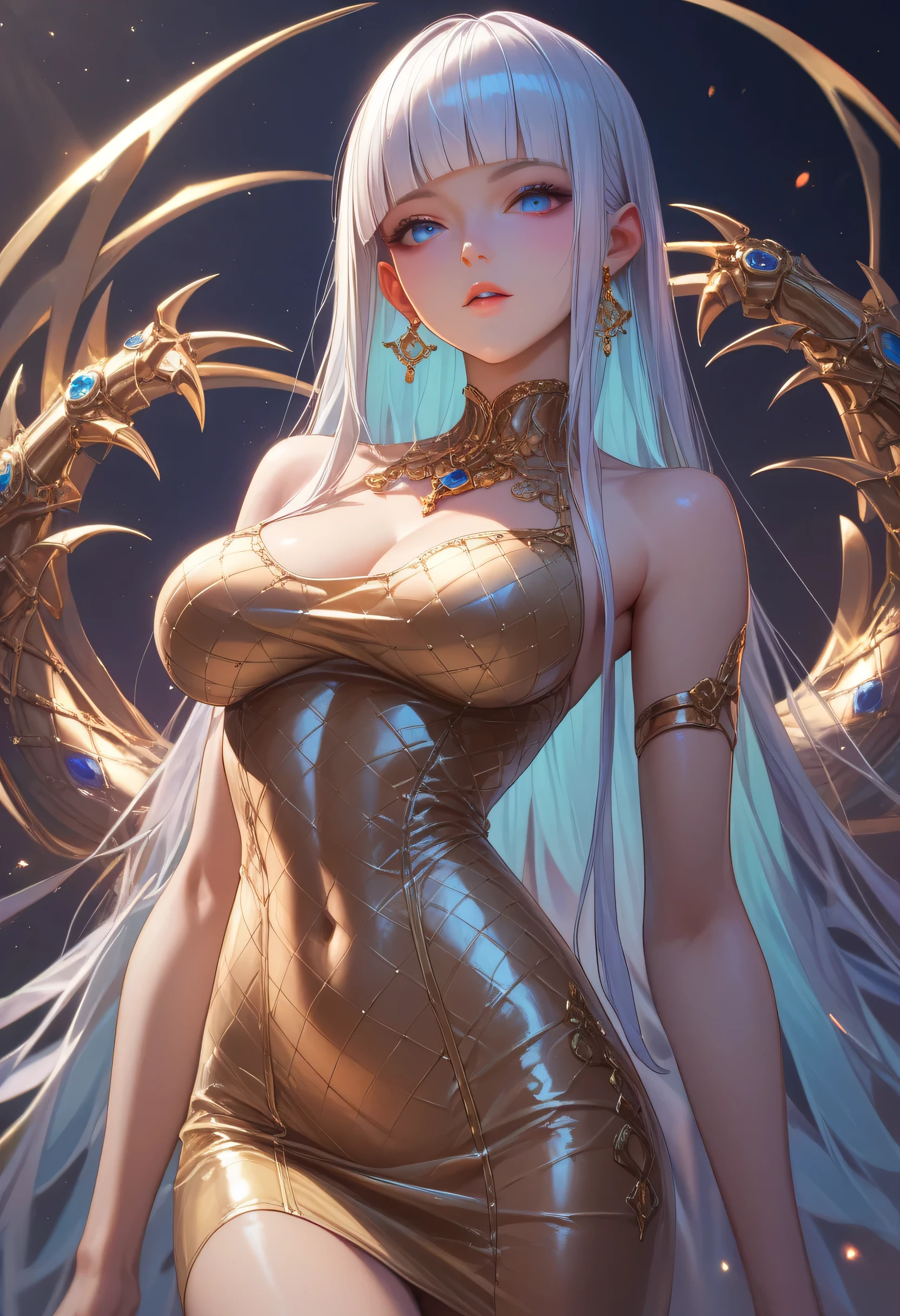 (sitting on throne), pyramid background,
glowing, (looking at pov) highly detailed face, 1 girl, female, golden katana, (oversized clothes:1.2), miniskirt, (dark coat with ornate golden embroidery, golden embellished), (white hair, golden streaks on hair), yellow eyes, thigh strap, (neo city), (clouds), add_detail:1, hair over one eye, largest_breasts!!, (ultra-detailed), hyper details, (intricate details), (cinematic light, best quality Backlights), from pov, perfect body, ), (crown: 1.1), Proud, high contrast, (best illumination, an extremely calm and beautiful),, brown skin, Daylight, 1girl, gold skin, jujutsu kaisen style, (masterpiece), best quality