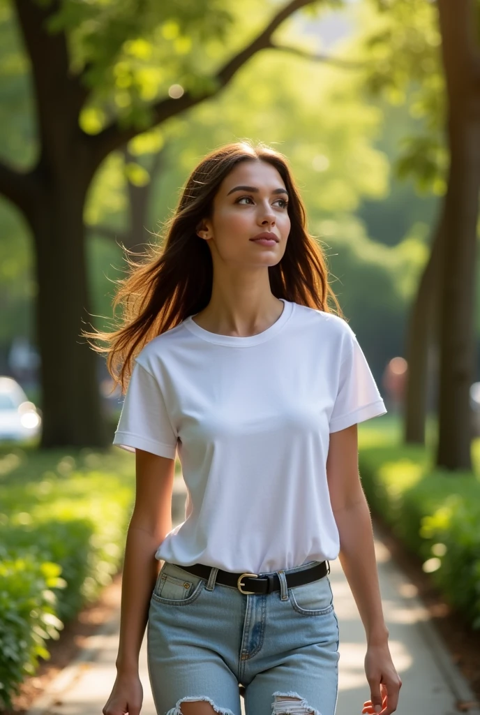 hyperrealistic 4k photography, a brunette woman with green eyes, perfect face, perfect eyes, perfect nose, walking towards the camera in front of her, wearing blue trousers and a white tank top in a park, realistic full shot art, symmetrical, Greg Rutkowski, Charlie Bowater, Beeple, Unreal 5, hyperrealistic, dynamic lighting.