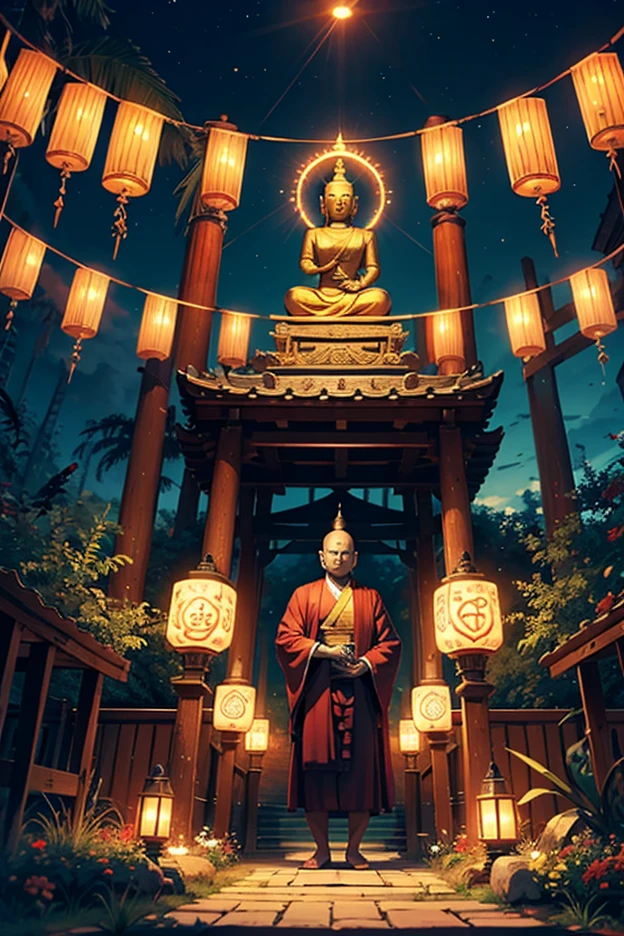 BUDDHA STATUE,had his hands folded,((Tears of pity)),Behind the Buddha in the foreground is the temple building,the trees,Under the Bodhi tree,(vibrant with colors,Sin embargo, It is slightly corroded by the environment),(metalictexture),(8k wallpaper),(Ancient Chinese folk painter painting style),(Watercolor style painting),(Noticeable light and shadow effects),(Ray traching),(There is light particle tracing),(Fantasy mythological style),style of surrealism,(Extremely expressive drawing technique),(Masterpiece),(Photography Award),Creative inspiration:Dunhuang murals,Ray
