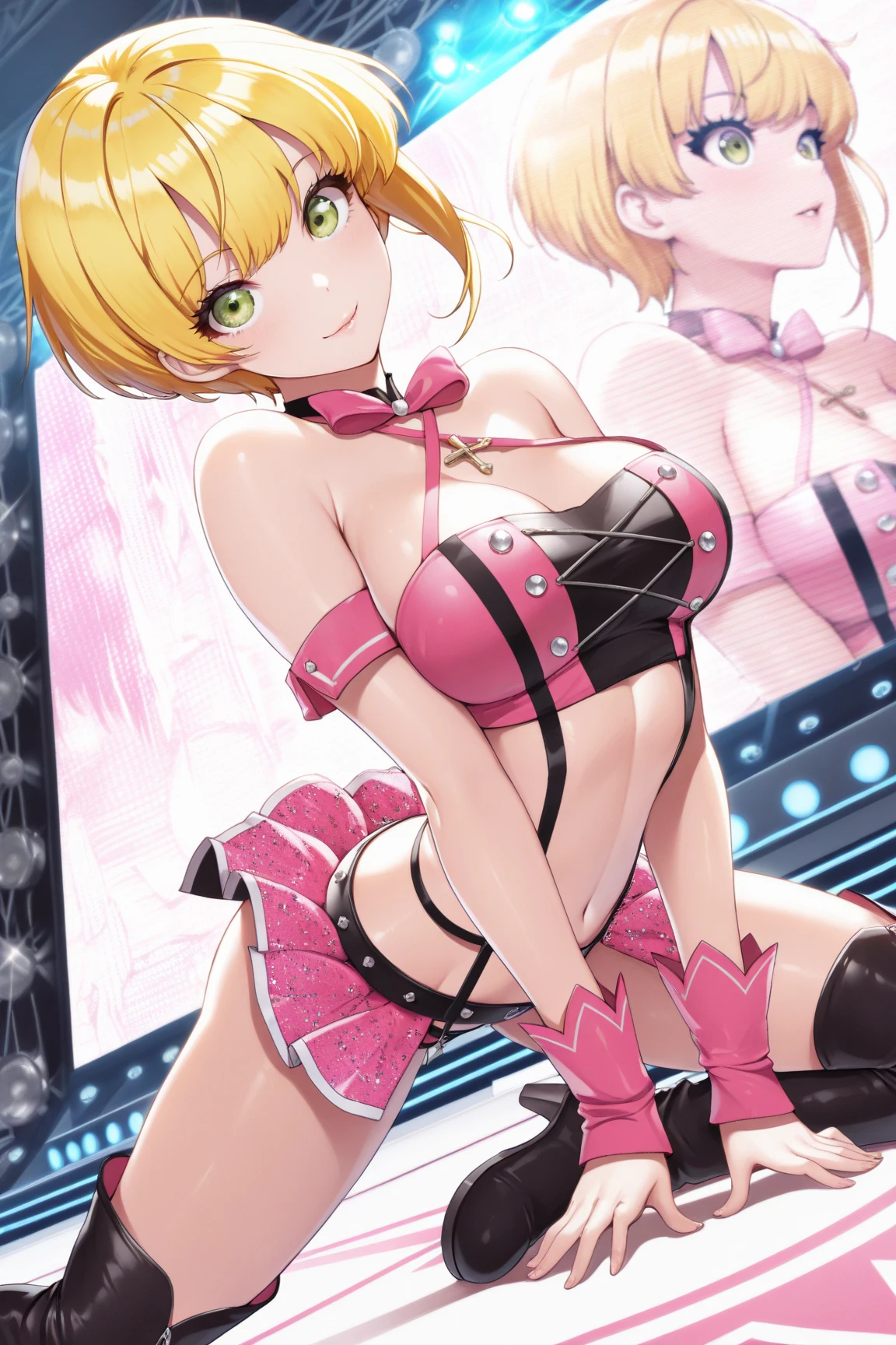 masterpiece, best quality, 1girl,blonde hair,Sui, (finely detailed heart shaped pupils and detailed face),,cowbody shot,lovestruck,extremely detailed picture unity 8k wallpaper,solo,(latex maid costume:0.9),glamour body,seductive smile