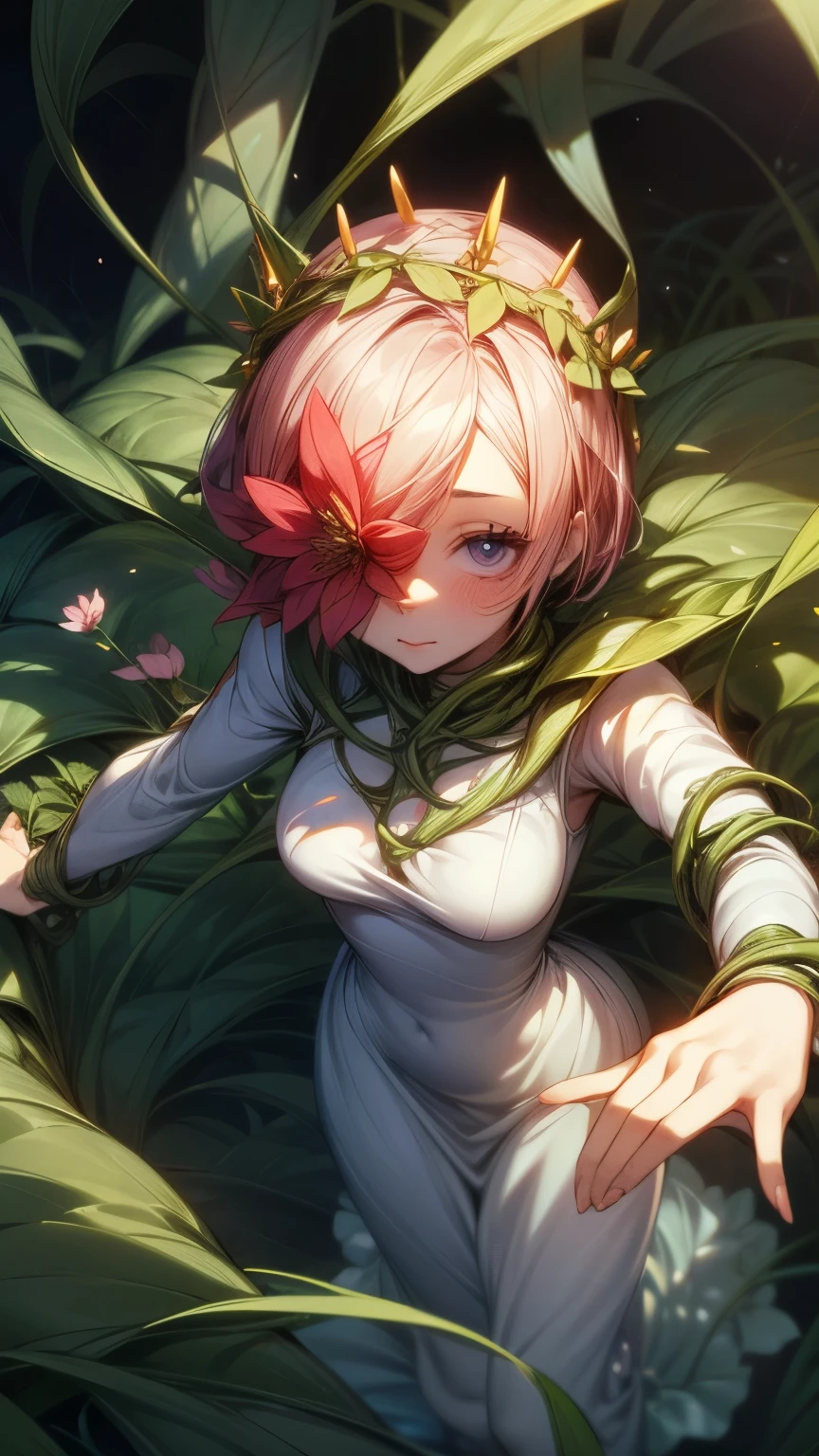 Girl with short chestnut hair and a flower crown, large flower covering one eye with vines extending from it all across her body. Blooming flowers all across her body. Thin white fluttery one piece dress with vines crawling all over it. Hand reaching towards camera, close-up shot, from above