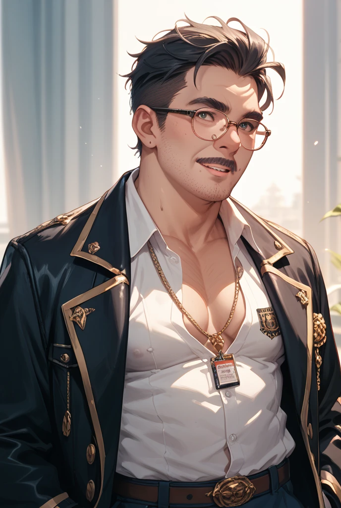 1boy, 16~20 years old, male focus, muscular male, nsfw, 3D, realistic, indoor, normal hue, central, golden ratio, sitting on the leather throne, sharp-featured body, tall, burly, highres, slender build, perfect anatomy, skin texture, thick dark buzzcut hair, see-through bangs, shallow eyebrow, symmetrical eyebrow, large bright eyes, symmetrical eyes, square gold-rimmed glasses, big straight nose, closed mouth, double-edged polearm, broad shoulders, noble attire, bdominal stretch, tight-fitting, leather collar, stand-up collared shirt, necktie, waistcoat, open thickened glossy dark leather jacket, six-pack abs, leather gloves, black trousers, leather belt, spreading long thin legs, <lora:OnlyCocks_v1.0:0.5>, large erect penis over 10 inches length and 3 inches width, erection, large scrotum with testicles, masturbation, high-heeled leather boots, soft smile, handsome, powerful, from front, looking ahead at viewer, day, masterpiece, best quality, hyper-detailed, intricate detail, professional photography, matte, bright, the most beautiful ever seen, post processing, dreamatic lighting, ambient lighting, epic composition, ultrawide shot, uplight, raytracing reflections, depth of field, gorgeous background <lora:1.HonkaiStarRailGepard_v1.0:0.5>