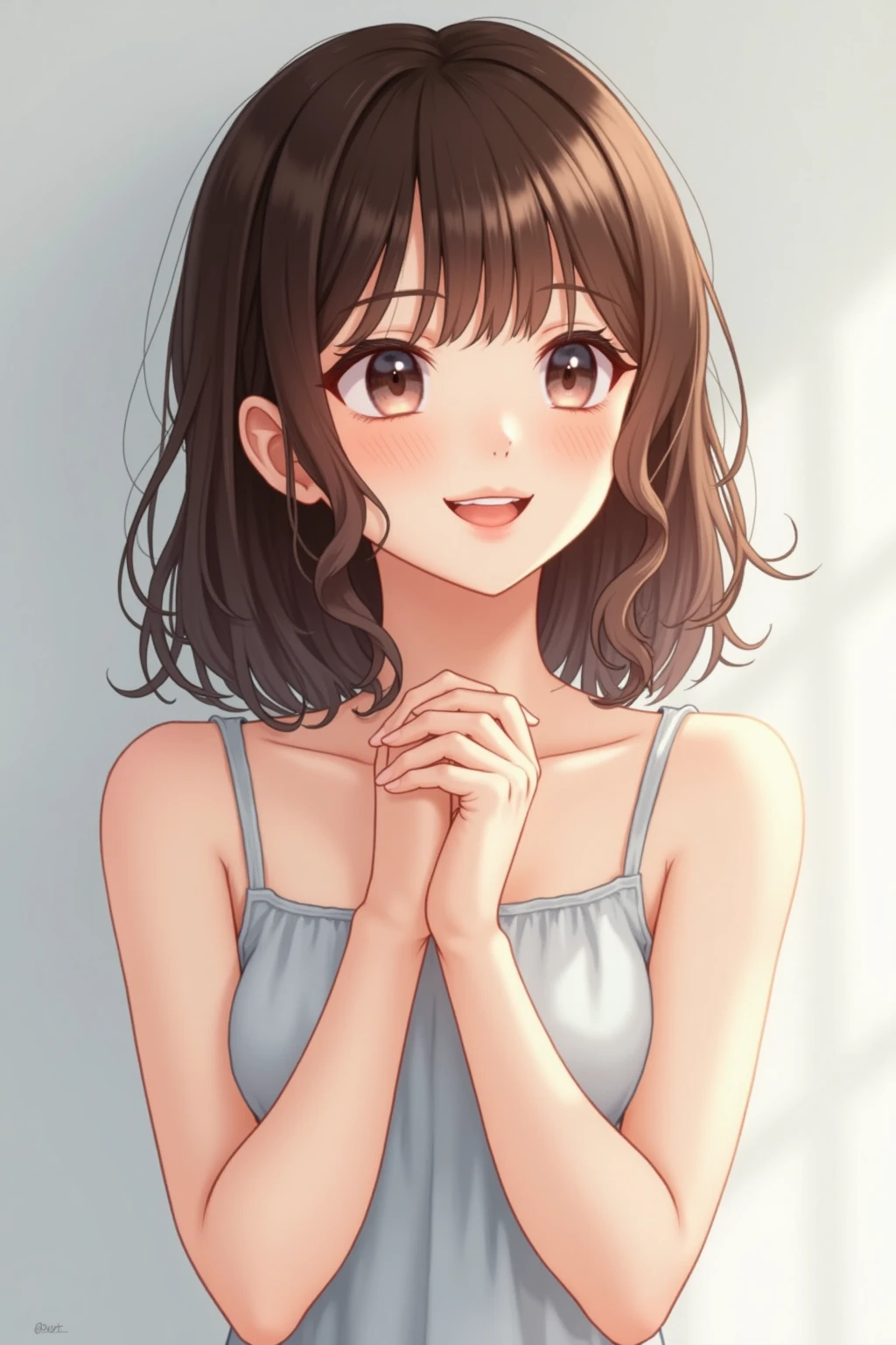 Girl, cute, lovely, from chest to head, smiling, straight hair, long hair, black hair, brown eyes, bedroom, morning, sunny, from below, looking down at us, camisole, looking at the camera, leaning forward, peeking