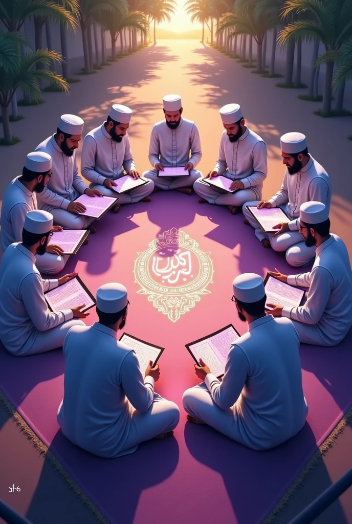 young Islamic scholars with green turban and white clothes doing dhikr in a circle in a library namely rizvi islamic library written on wall