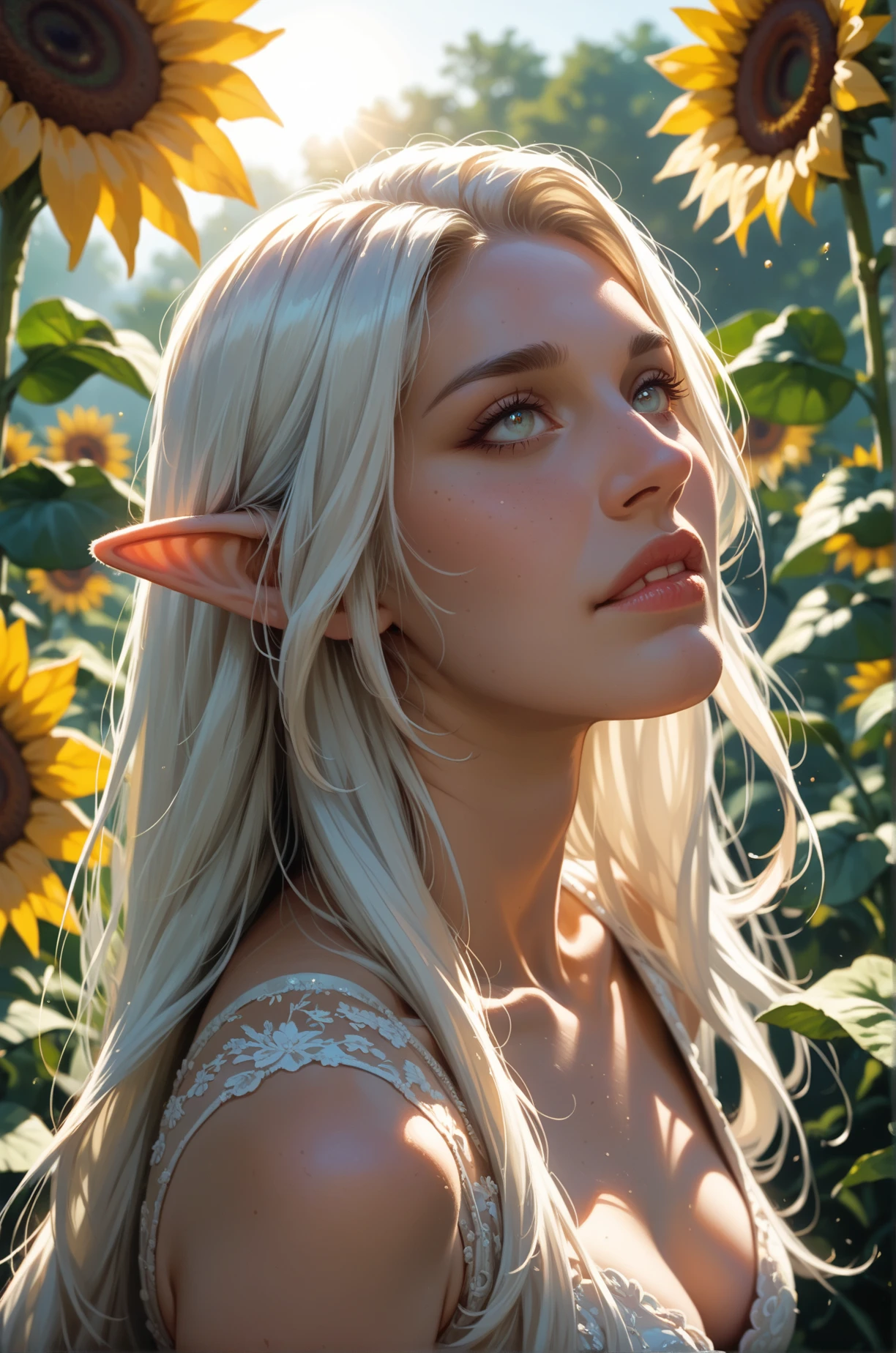 score_9, score_8_up, score_7_up, 1girl, elf, pale skin, multicolor eyes, white hair, long hair swept to one side, medium ??????, elegant, looking up in sun, enjoying sunlight, sunlight, shadow, sunflower, nature, volumetric lighting, dynamic pose, blue ethereal flame