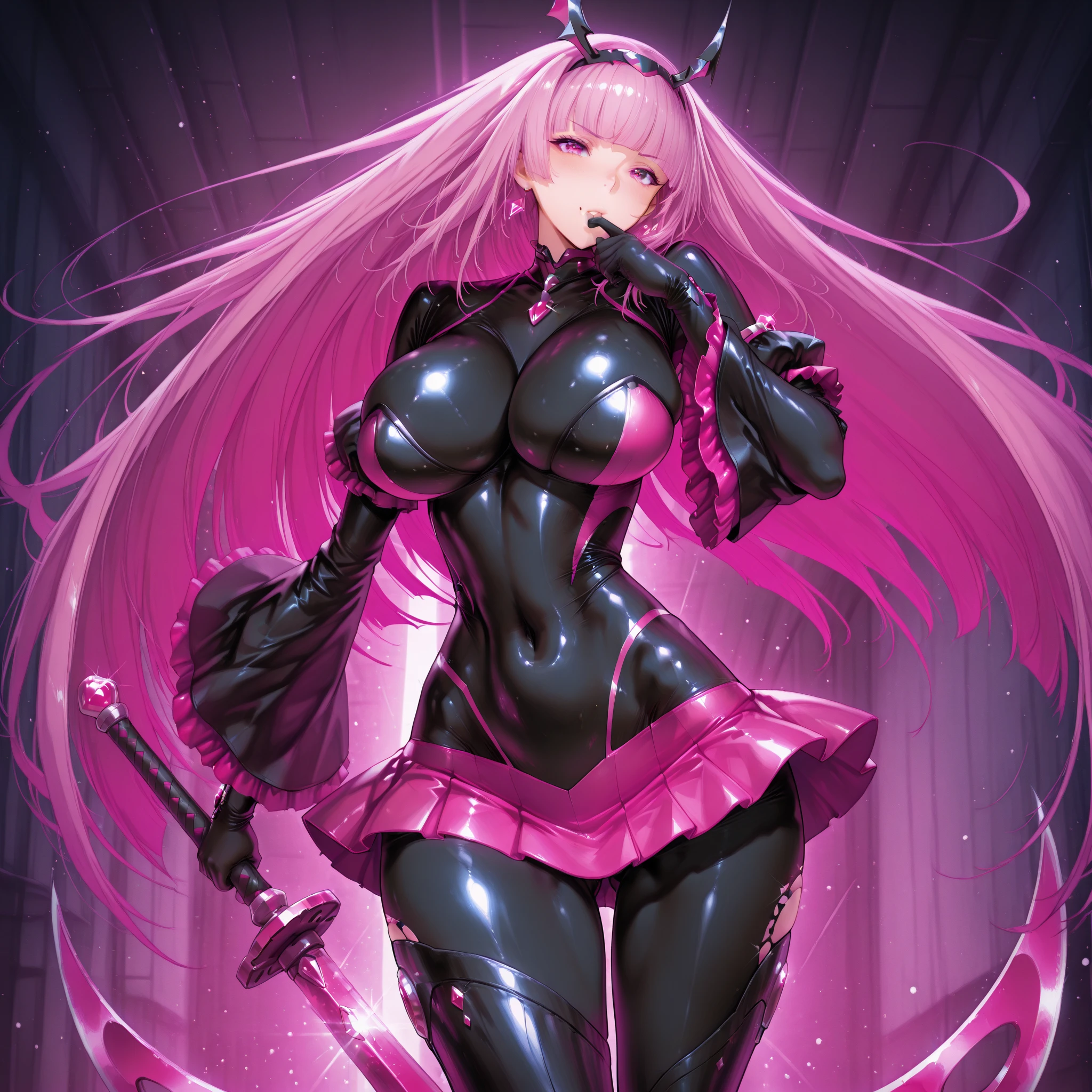 perfect face, perfect hands A pink haired female reaper with violet eyes and an hourglass figure in sexy suit is spinning a sscythe in a flurry of peonies in a creepy castle