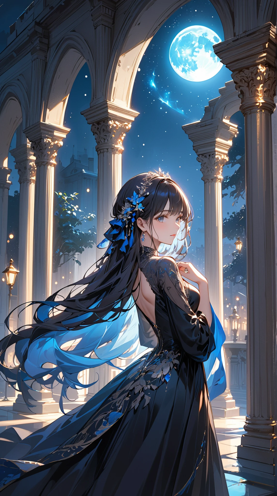 1girl,masterpiece, illustration, Mona Megistus, night time, magical, starry sky, butt, castle, astrology, solar system, planets