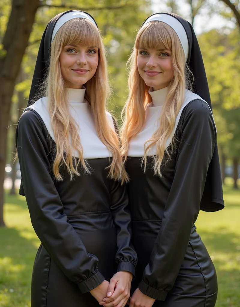 (Cute innocent white 12 year old twin sisters:1.2), both with long straight blonde hair, blue eyes, (fully nude), revealing nun outfit, (wearing black tight thigh highs), (round firm breasts), flat stomach, (topless:1.2), big asses, posing on a church, smiling, happy, ultra realistic, 4k, exquisite, girly, playful, Pretty, looking back, view from behind,