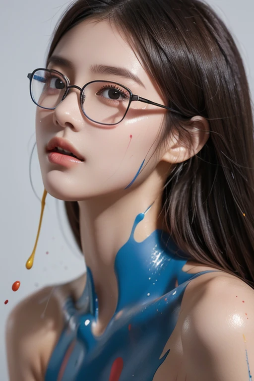 Realistic full-body portrait of a young woman, 20 years old. perfect body, realistic perfect body composition, wet body in rain, waterfall scene. realistic beautiful blue eyes, cool face, fair skin, good looking, tattoo art, sexy sexy liquid acrylic outfit, glasses, warm dreamy light, volumetric light, adventure style pulp, dynamic gradients, vivid colors, illustration, highly detailed vector curves, simple, smooth and clean, vector art, smooth, vibrant colors, artwork, character design kiss, wet gouache. High image quality, meticulous detail, perfect realistic work