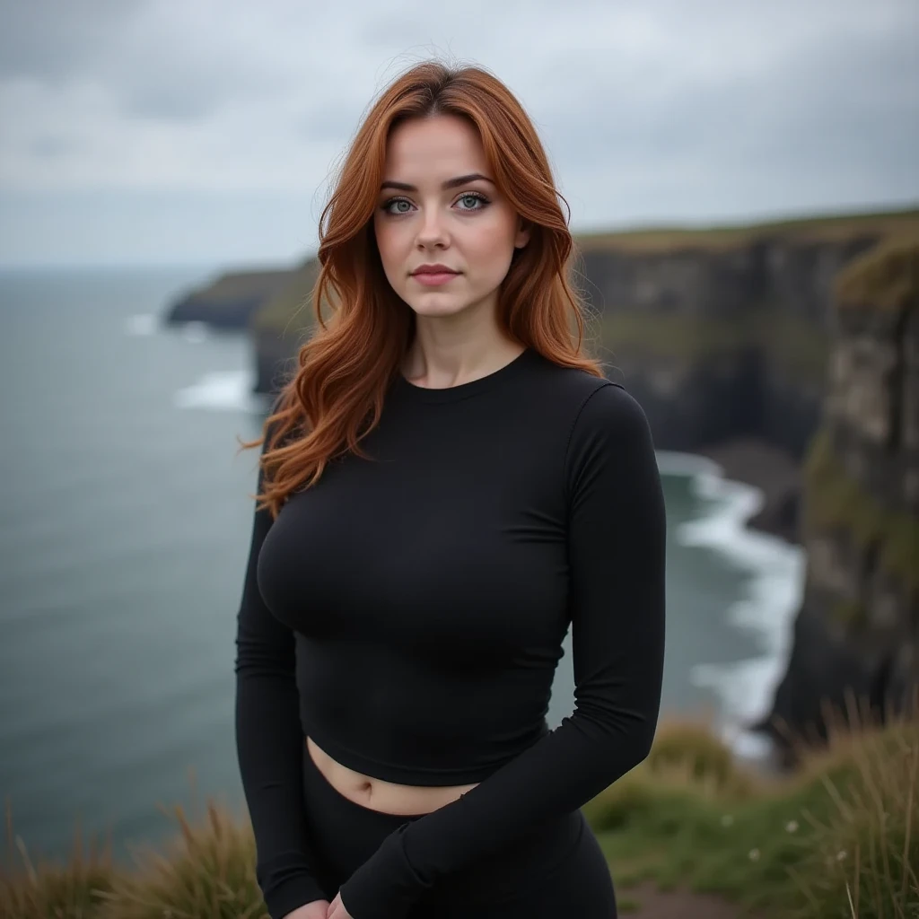 raw photo, charming fitness model, red hair, long hair, black hoodie, cleavage, black leggings, upper body, looking at viewer, sunlight passing through hair, on the edge of a cliff, (rocks in the background), dawn, depth sharpness