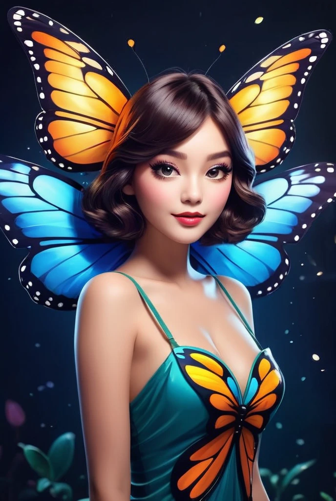 The image features a woman with a butterfly-themed body paint, with blue and orange butterflies on her body. She has large breasts and is surrounded by nature