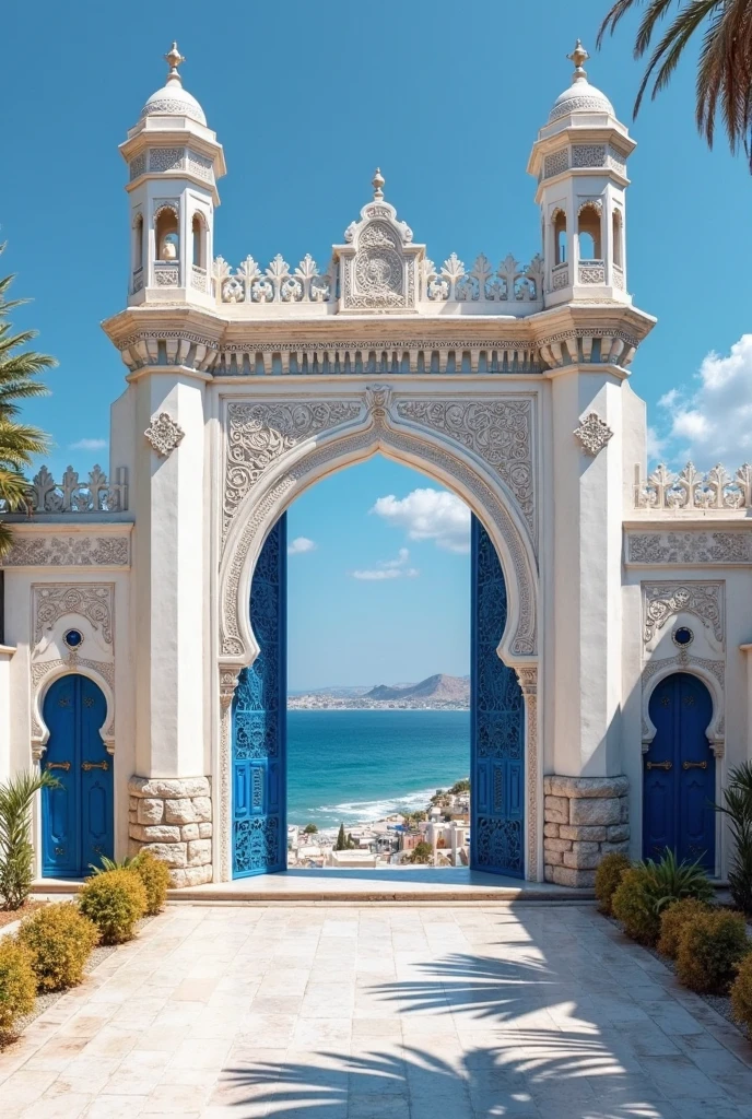 there is a blue dome on a white building near the ocean, morocco, moroccan, moroccan city, moroccan mosque, beautiful high resolution, beautiful image, mediterranean, whitewashed buildings, blue white colors, in a mediterranean lanscape, mediterranean vista, tourist destination, bird view, seaview, inspired by Alberto Morrocco, mediterranean island scenery, photo of a beautiful