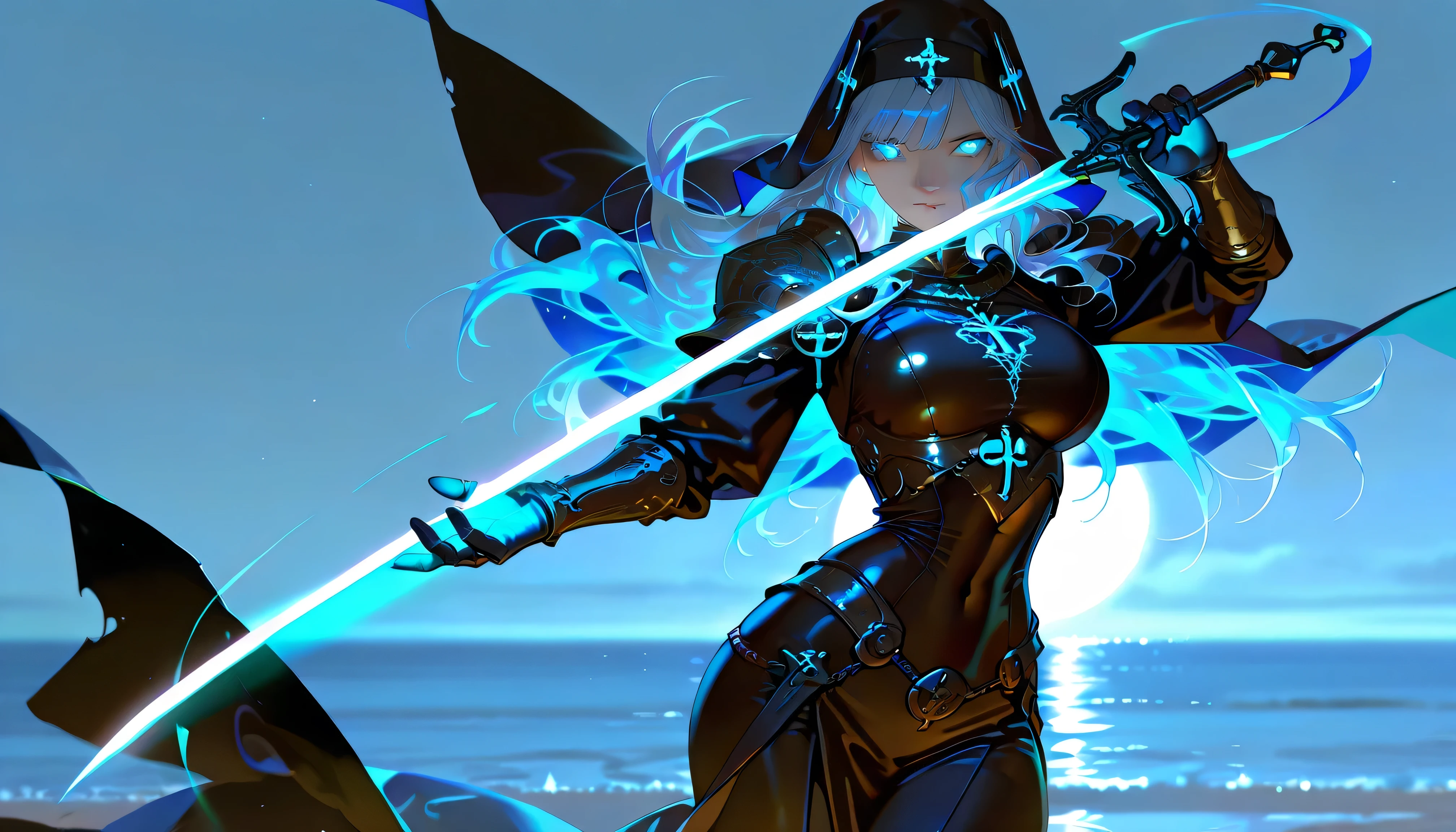 masterpiece, high quality, 4K HD, very aesthetic, 1 girl, beautiful face, long hair, nun, big breasts, horizon background, photorealistic, free pose, blue glowing eyes, front bangs, (slim waist), wide hips, holding 1 sword near face, armor, ((dramatic light effects))