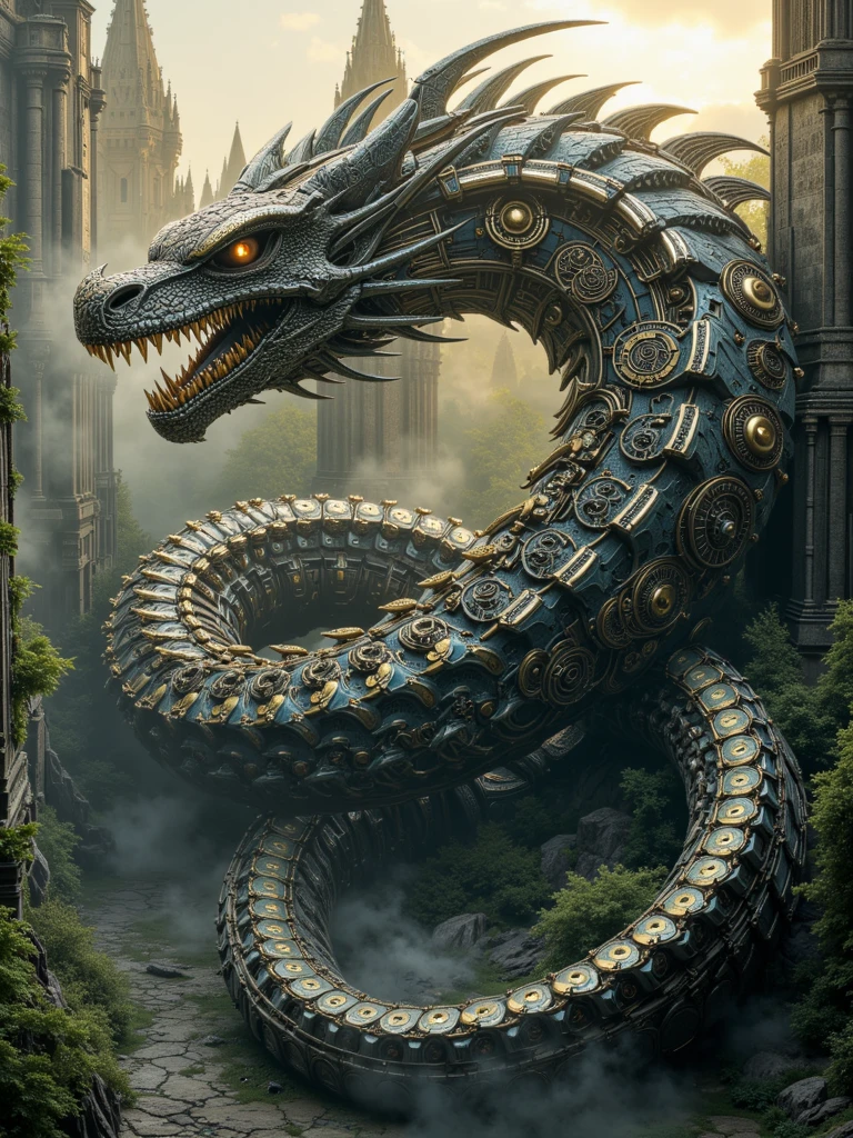 A mechanical dragon made of gears, fiery eyes, logo detailed image, fundo cinza
