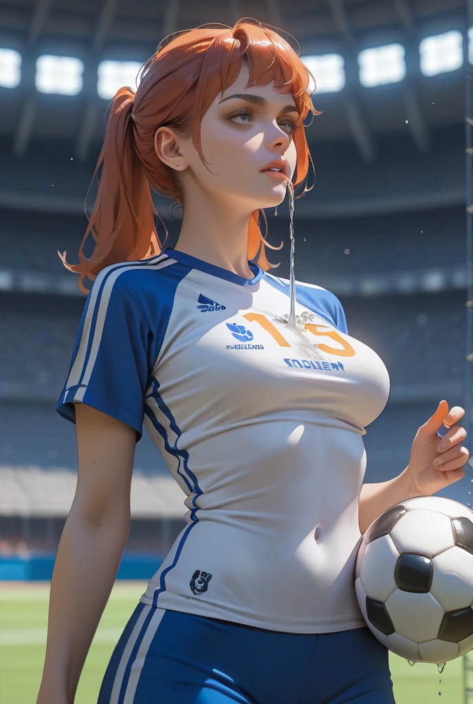 masterpiece, absurdres,  solo, 1girl, side view, futanari, testicles, balls behind, long flaccid penis, running on a track field, slim, dolphin shorts, sports shirt, headband, orange hair <lora:hyperballs_vp3-48:1.0>