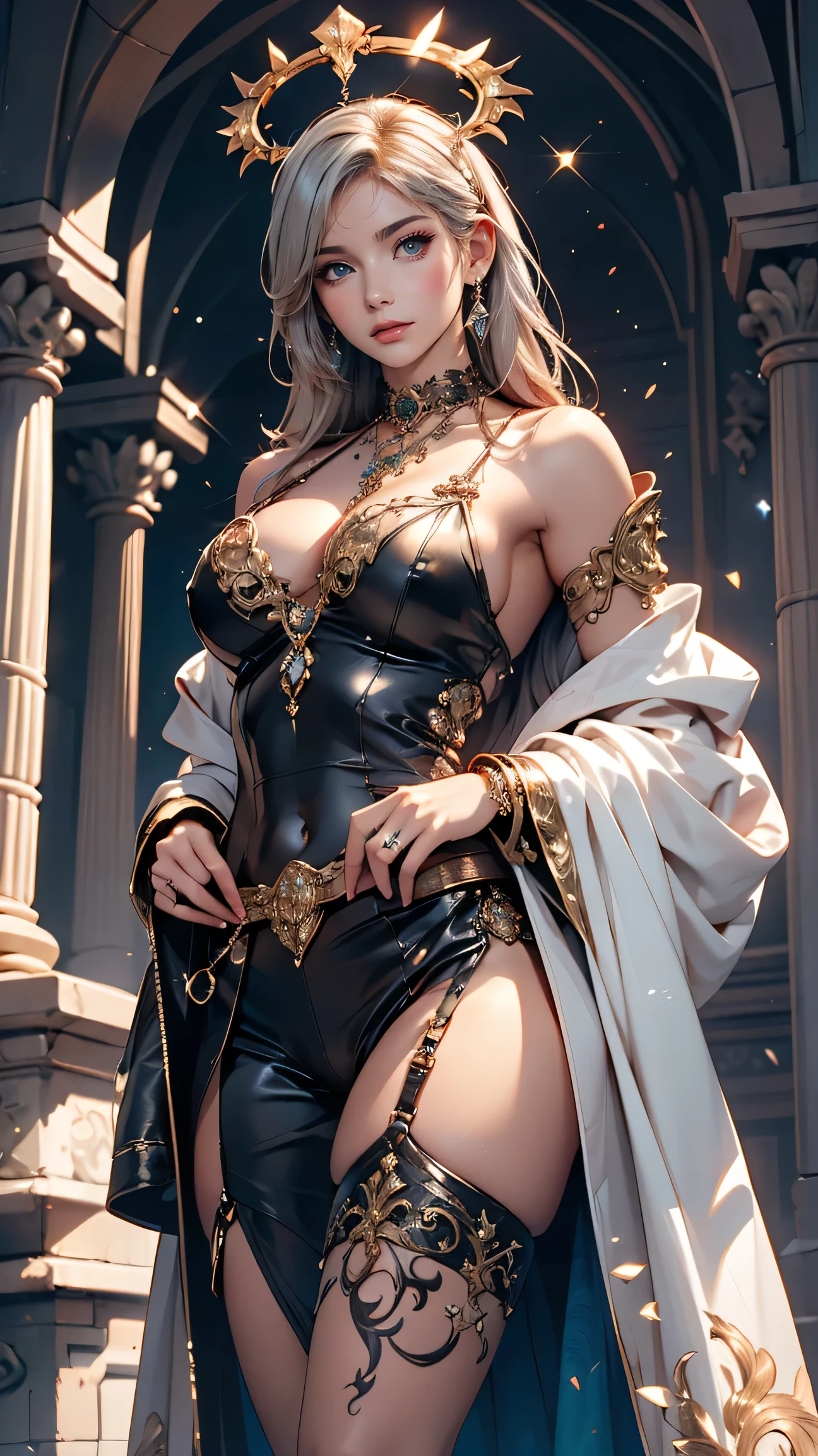 realistic, 1girls, best quality, 12k, HD, long hair, big round breasts, cleavage, ponytail, necklace, jewelry, shorts, short jacket, slim hips, hair tie, yellow eyes, black hair, super detailed, Detail eyes, hair details, person details, mouth details, face details, breast details, clothes details, hair details, pants details, hand details, whole body