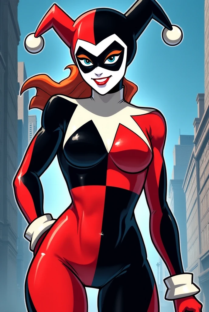 <lora:Harley:0.6> Harley Quinn, 1girl, breasts, looking at viewer, smile, blue eyes, gloves, harlequin, medium breasts,  grin, bodysuit, makeup, mask, colored skin, lipstick, skin tight, black bodysuit, domino mask, shiny skin, specular highlights,