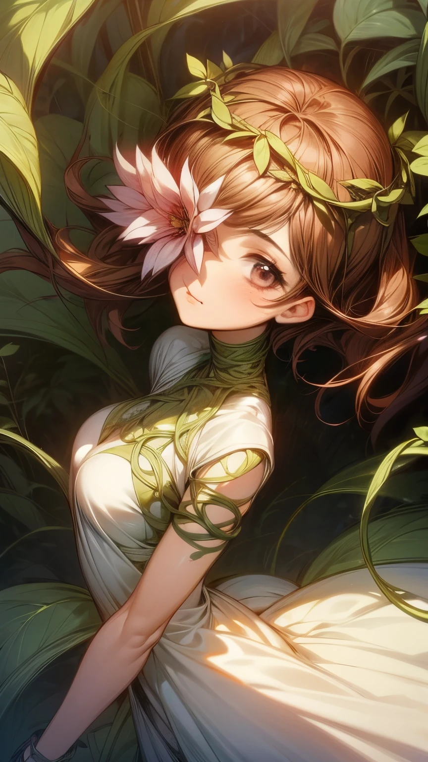 Girl with short brown chestnut hair and a flower crown, large flower covering one eye with vines extending from it all across her body. Blooming flowers all across her body. Thin white fluttery one piece dress with vines crawling all over it. Hand reaching towards camera, close-up shot, from above