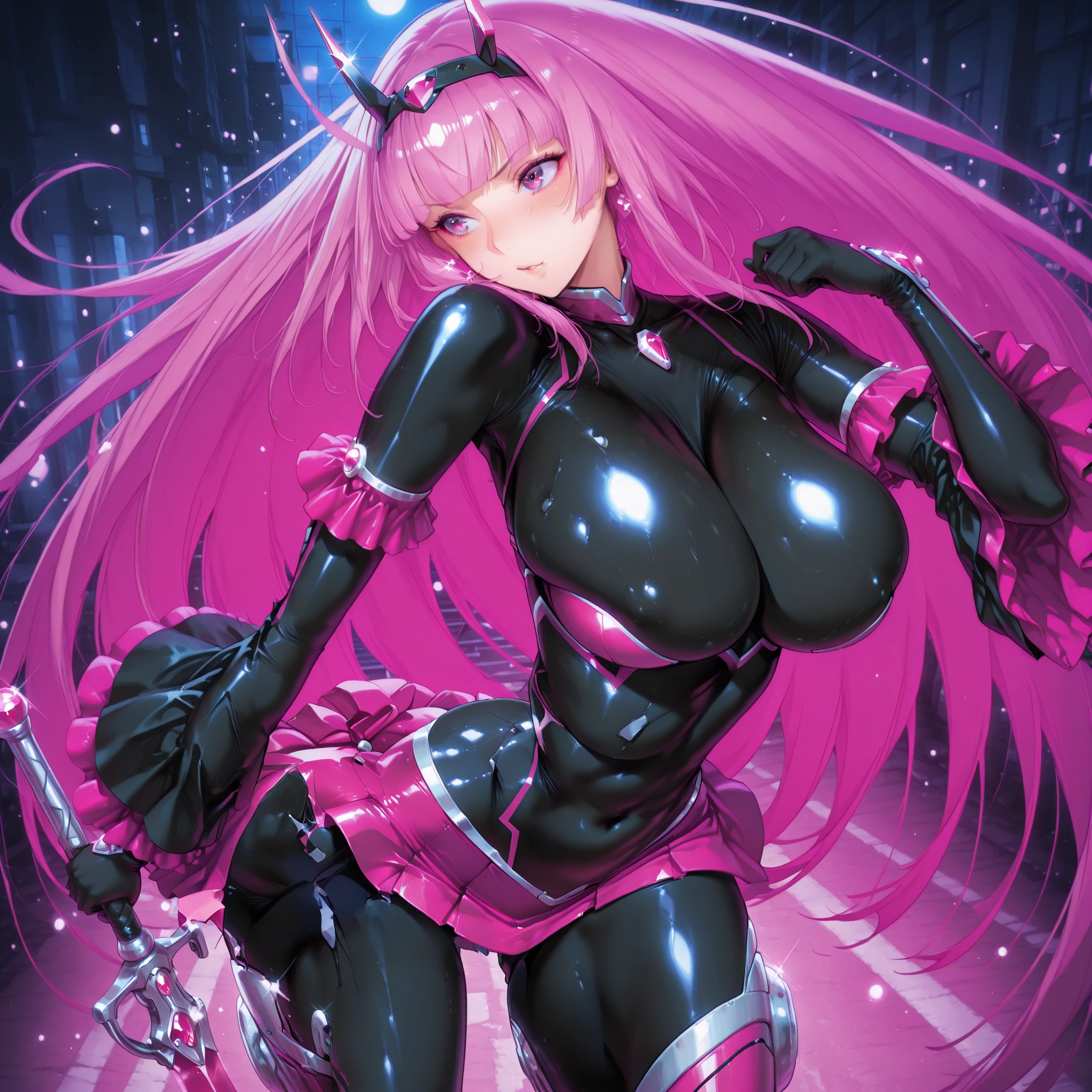 Perfect Anatomy　Highest quality,Highest Resolution,(((Black latex riding suit　Dark pink hair　Deep pink eyes)))　Long twin tails　straight　spy　expressionless　curvy　woman　cool　Light saber